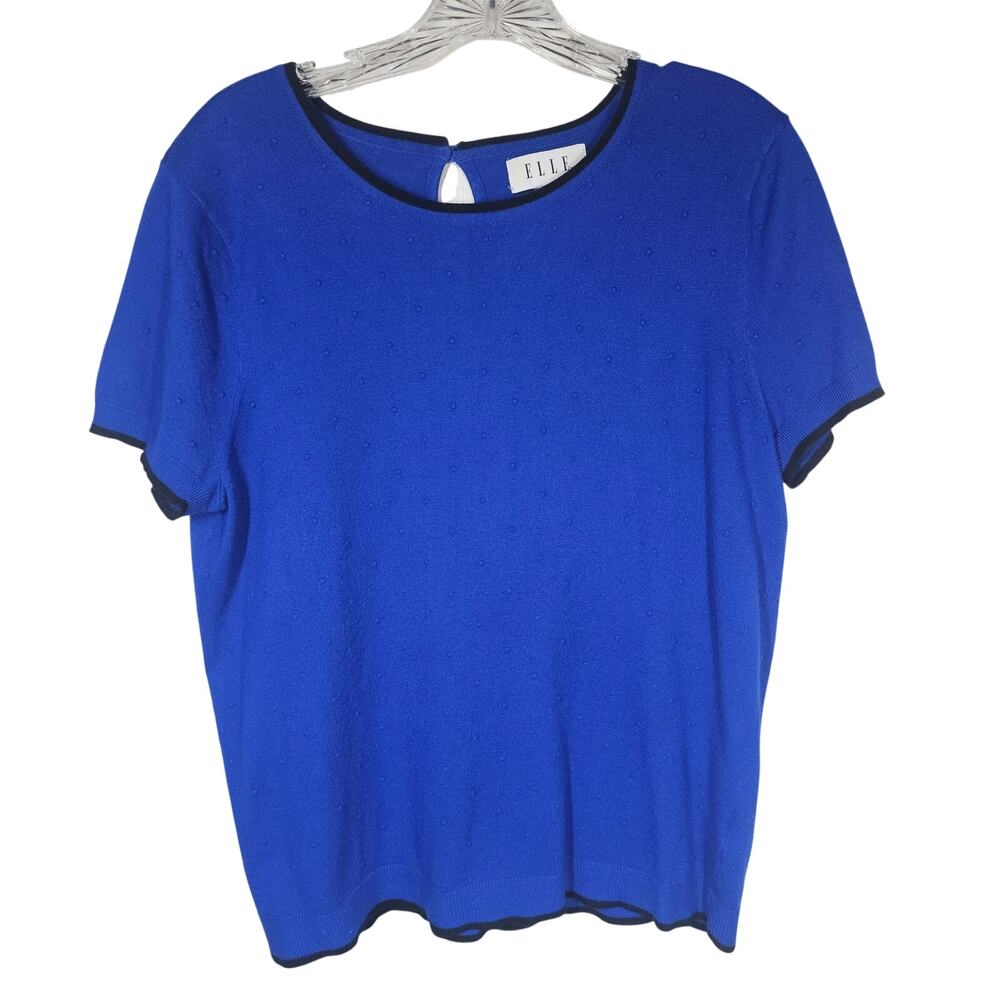 ELLE Short Sleeve Blue Swiss Dot Crewneck Sweater Size L